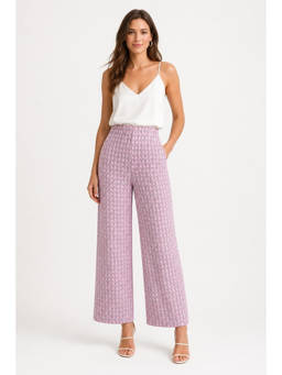 Cider - Tweed Mid Rise Checks Zipper Wide Leg Trousers