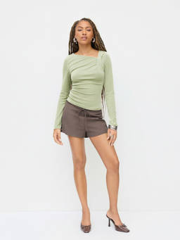 Cider - Thermal Cotton-Blend Asymmetrical Neck Long Sleeve Ruched Top