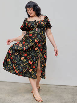 Cider - Fruit Square Neck Puff Sleeve Midi Dress Curve & Plus