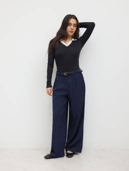 Cider - Petite Mid Rise Solid Straight Leg Trousers With Belt