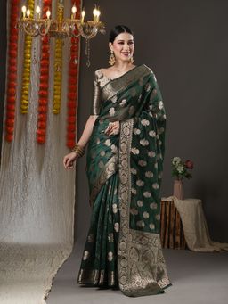 Akhilam - Womens Organza Green Woven Design Designer Saree with Unstitched Blouse