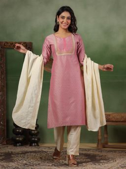 SPAN - Pink Straight Printed Kurta with Pant & Dupatta