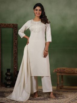 SPAN - White Straight Printed Kurta with Pant & Dupatta