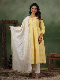 SPAN - Yellow A-Line Printed Anarkali Kurta with Pant & Dupatta