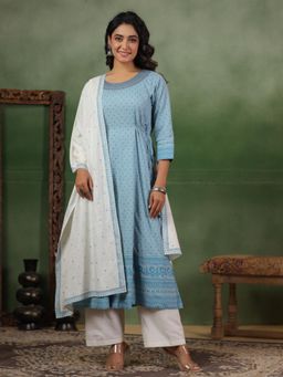 SPAN - Blue Straight Printed Anarkali Kurta with Pant & Dupatta