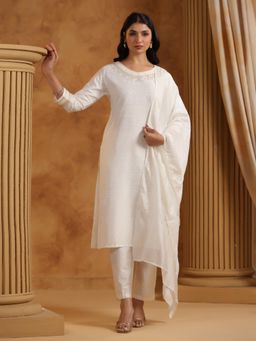 SPAN - White Straight Printed Kurta with Pant & Dupatta