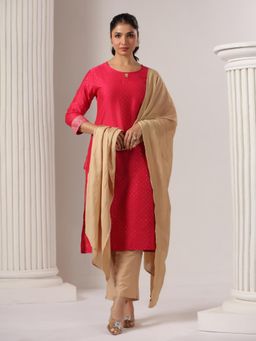 SPAN - Pink Straight Printed Kurta with Pant & Dupatta
