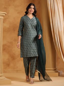 SPAN - Green Straight Printed Kurta with Pant & Dupatta