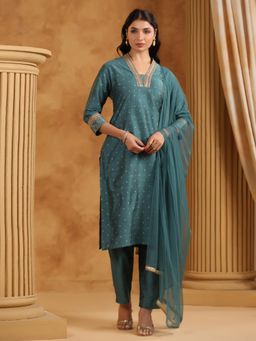 SPAN - Green Straight Printed Kurta with Pant & Dupatta