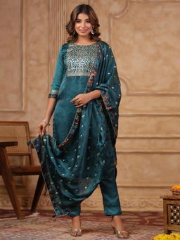 SPAN - Green Straight Printed Kurta with Pant & Dupatta