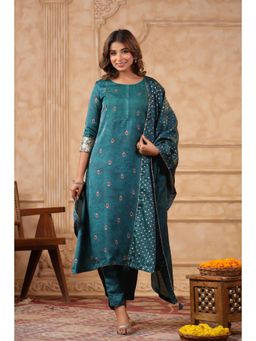 SPAN - Teal A-Line Printed Kurta With Pant & Dupatta