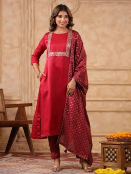 SPAN - Red A-Line Plain Kurta with Pant & Dupatta