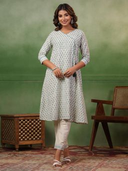 SPAN - Sea Green A-Line Printed Angarkha Kurta & Pant