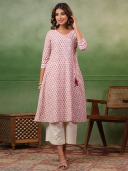 SPAN - White A-Line Printed Angarkha Kurta with Palazzo