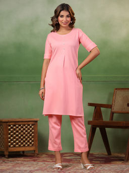 SPAN - Pink Straight Plain Kurta with Pant