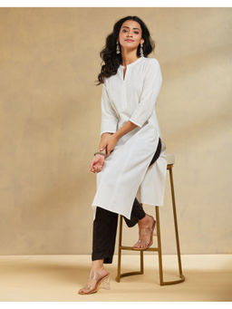 Fabindia - Off White Cotton Calf Length Long Kurta