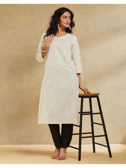 Fabindia - Off White Cotton Calf Length Long Kurta
