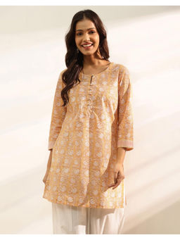 Fabindia - Beige Cotton Hand Block Printed Slim Fit Short Kurta