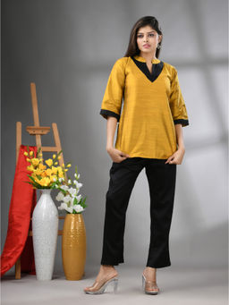 CHARUKRITI - Yellow and Black Bangalore Silk Shirt