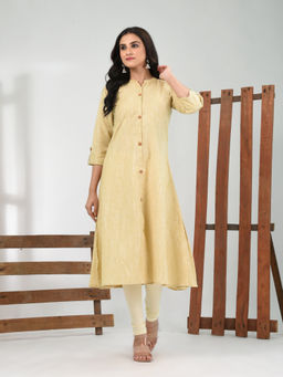 CHARUKRITI - Beige Textured Cotton A-Line Kurta