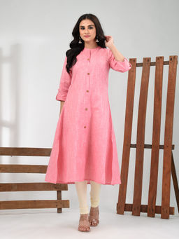CHARUKRITI - Rose Pink Textured Cotton A-Line Kurta
