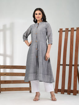 CHARUKRITI - Grey Cotton Textured A-Line Kurta
