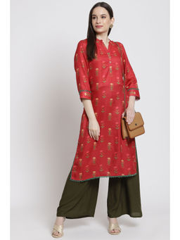 Rangriti - Women Red Poly Cotton Straight Kurta