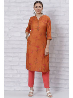 Rangriti - Women Orange Poly Cotton Straight Kurta