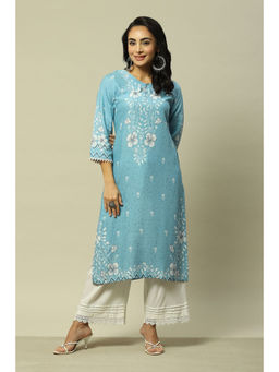Rangriti - Women Blue Liva Straight Printed Kurta
