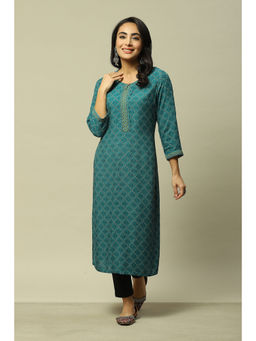 Rangriti - Women Teal Blue Liva Straight Printed Kurta