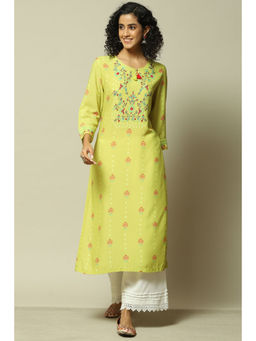 Rangriti - Women Lime Yellow Liva Straight Printed Kurta