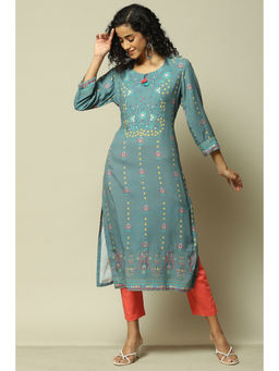 Rangriti - Women Teal Blue Liva Straight Printed Kurta