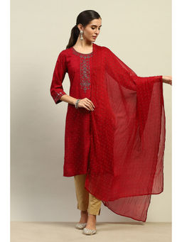Rangriti - Women Red Poly Georgette Printed Straight Kurta