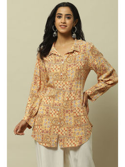 Rangriti - Women Mustard Yellow Printed Shirt-Style Kurti