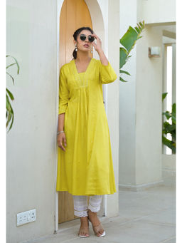 Juniper - Yellow Embroidered Liva Rayon Mirror Work Kurta