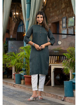 Juniper - Bottle Green Striped Printed Cotton Button Detail Kurta