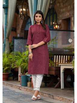 Juniper - Maroon Striped Printed Cotton Button Detail Kurta
