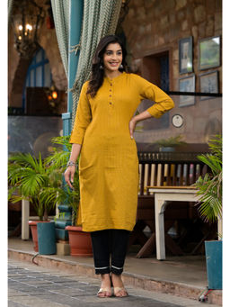 Juniper - Mustard Striped Printed Cotton Button Detail Kurta
