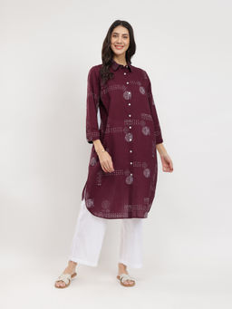 Pink Fort - Cotton Burgundy Geometric Shirt Kurta