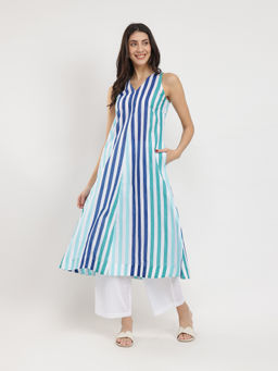 Pink Fort - Cotton Blue Striped A-Line Kurta