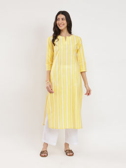 Pink Fort - Cotton Yellow Striped Straight Kurta