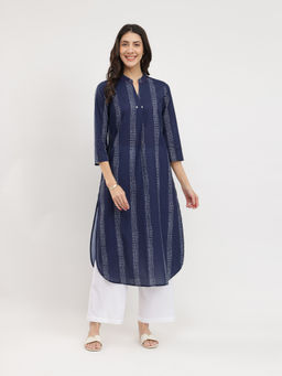 Pink Fort - Cotton Navy Blue Printed Pleated Kurta