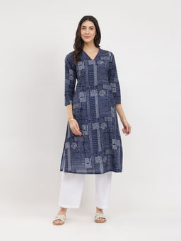 Pink Fort - Cotton Navy Blue Geometric Print Kurta