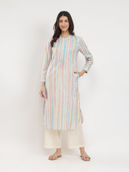 Pink Fort - Cotton Multicolour Striped Band Collar Kurta