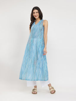 Pink Fort - Striped Blue A-Line Sleeveless Kurta