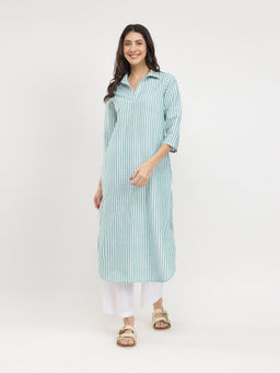 Pink Fort - Cotton Green and White Striped Shirt Collar Kurta