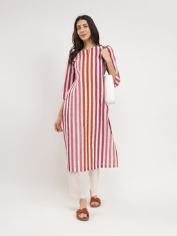 Pink Fort - Cotton Red and White Striped Straight Kurta