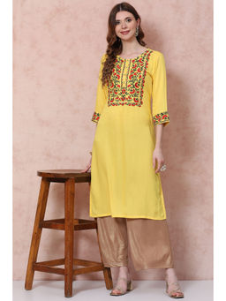 Rangriti - Women Yellow Straight Embroidered Kurta