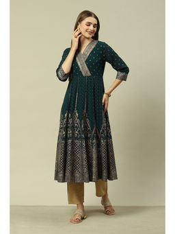 Rangriti - Women Green Polyester Kalidar Printed Dress