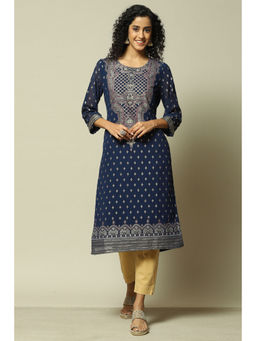 Rangriti - Women Navy Blue Polyester Straight Printed Kurta